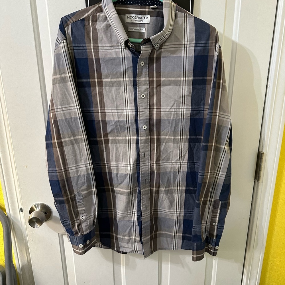 Nick Graham Men's Casual Plaid Shirt‎ - Blue and Brown